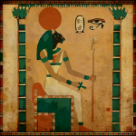 Sekhmet, ancient Egyptian lion-headed goddess of power, protection, and healing, seated with solar disk