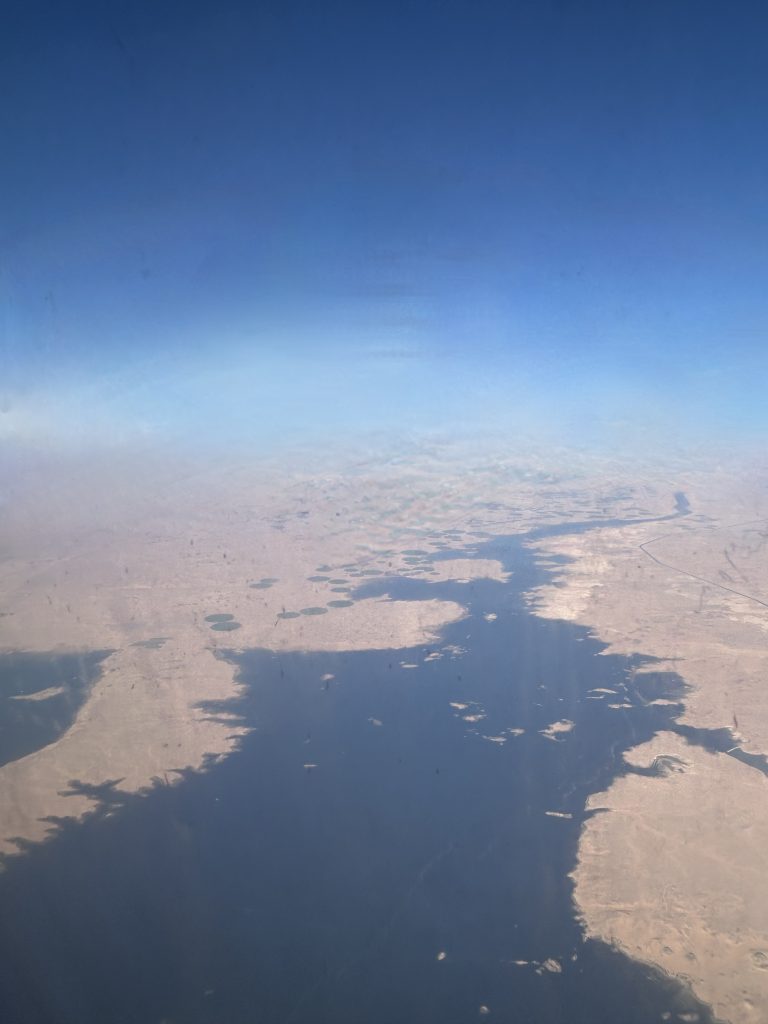 Aerial view of the Nile River cutting through the desert landscape of Upper Egypt