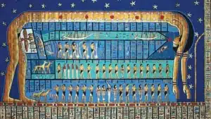 Ancient Egyptian depiction of the sky goddess Nut with star map and celestial cycle