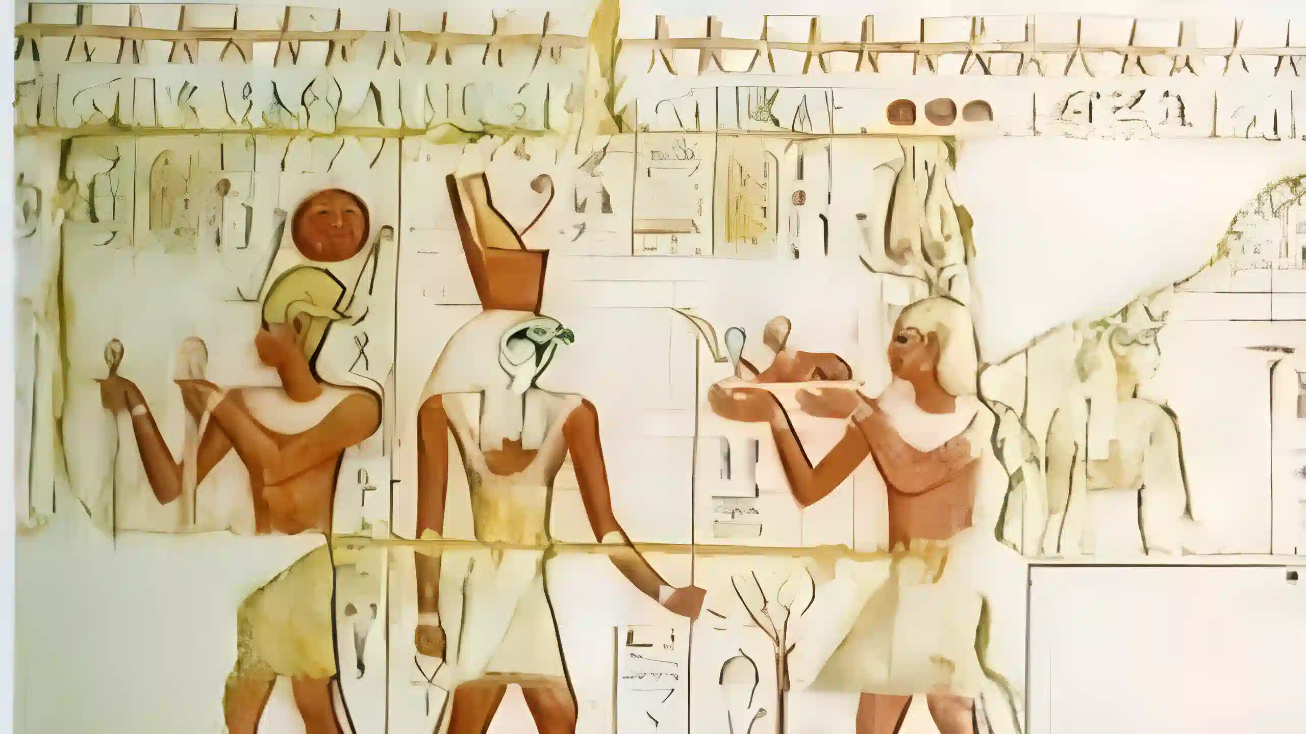Ancient Egyptian wall relief showing deities and pharaoh with hieroglyphics in traditional colors.