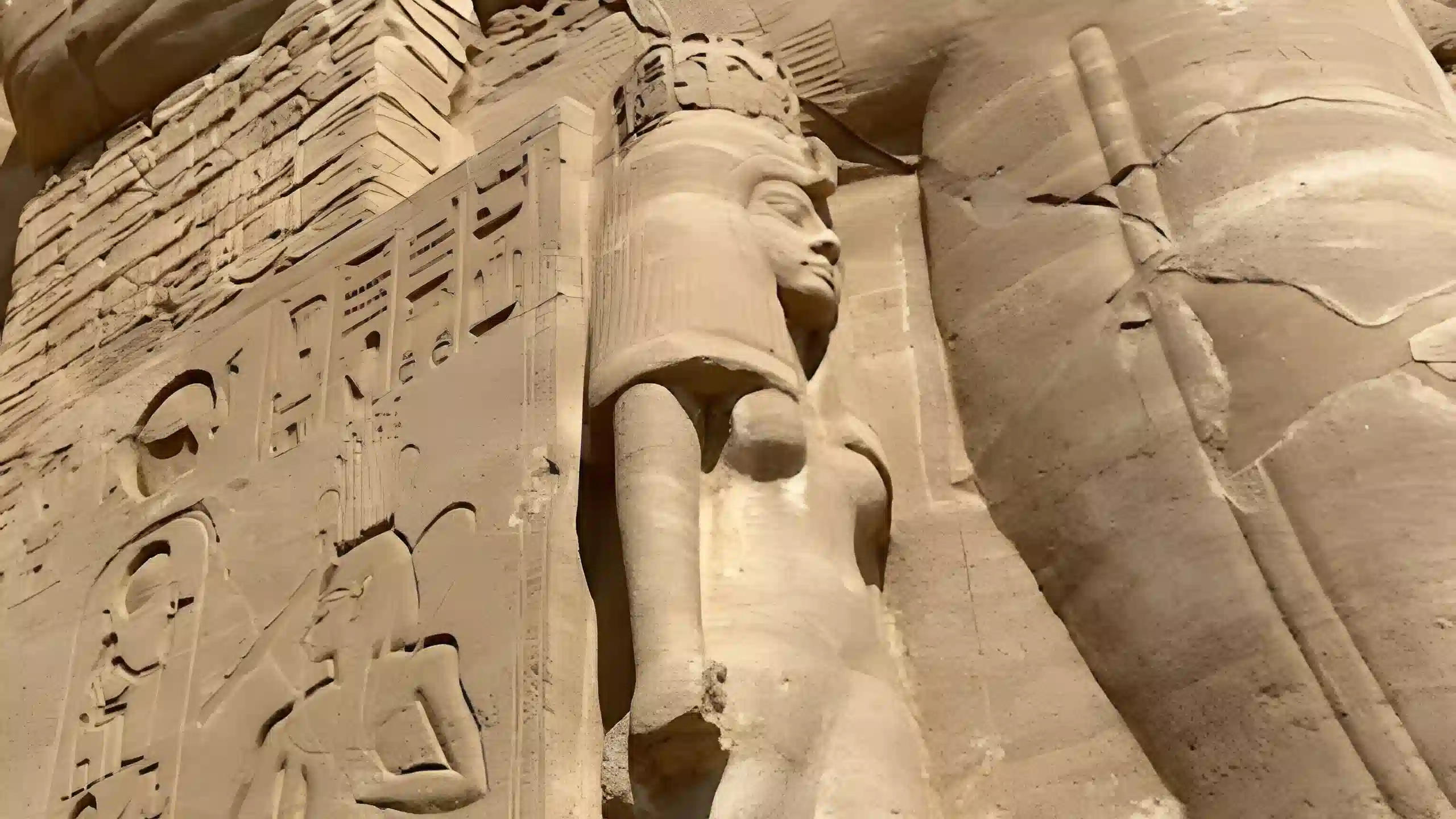 Escultura colosal de un faraón y relieves jeroglíficos tallados en piedra en el templo de Abu Simbel, Egipto.