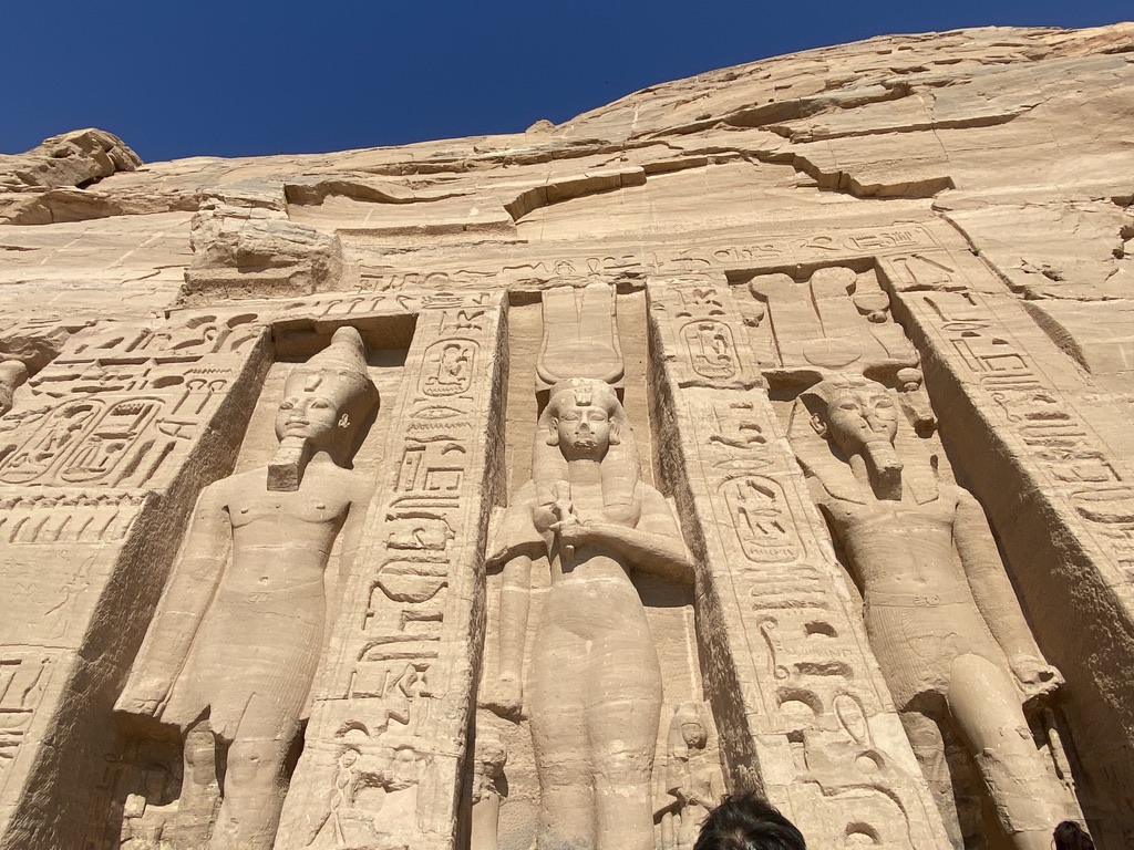 Facade of Abu Simbel Small Temple with statues of Queen Nefertari and Ramesses II carved into rock near Aswan Egypt