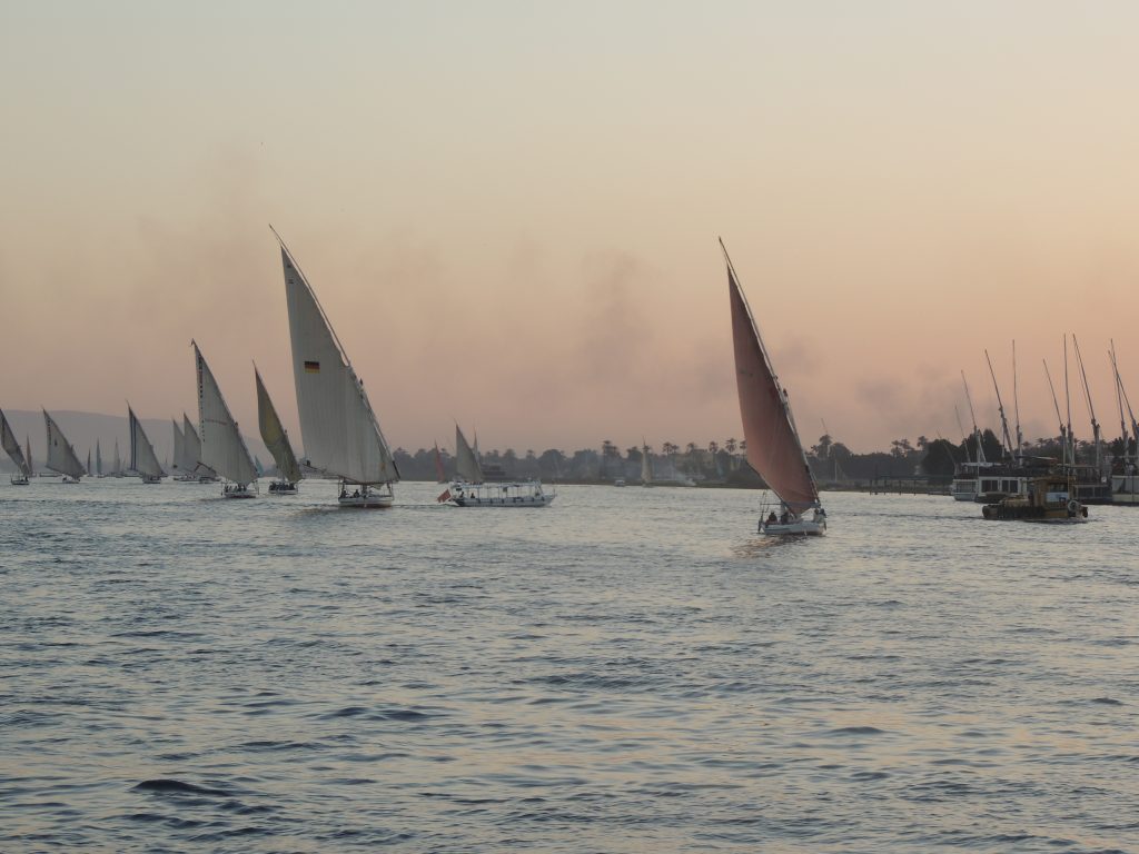 Traditional feluccas sailing on the Nile River at sunset near Aswan with warm evening light and multiple sails on the water