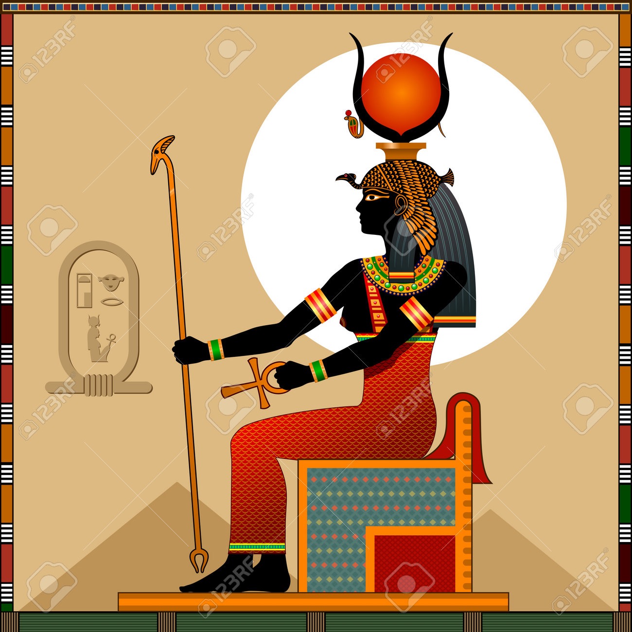 Hathor, ancient Egyptian goddess, seated holding an ankh and a staff, wearing the solar disk with cow horns