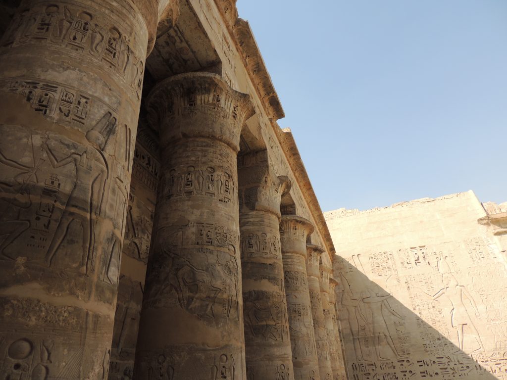 Ancient Egyptian columns with hieroglyph carvings inside Kom Ombo Temple Egypt with relief wall in background