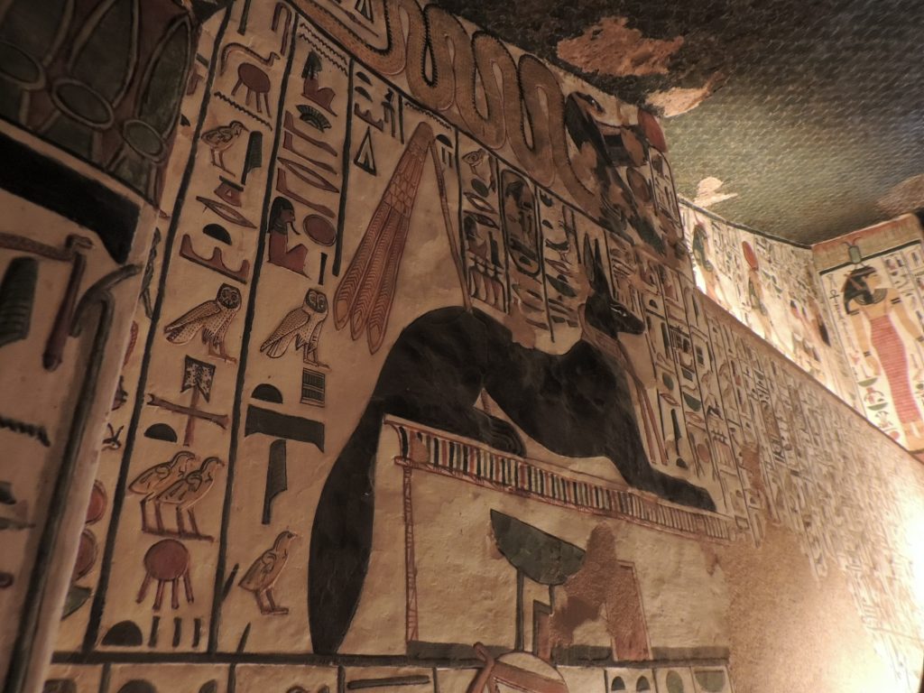 Wall painting of the god Anubis guarding a shrine inside the tomb of Queen Nefertari in the Valley of the Queens, Luxor Egypt