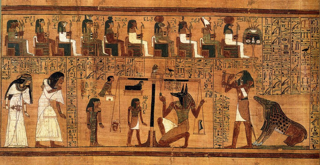Ancient Egyptian Papyrus of Ani showing Anubis weighing the heart against the feather of Maat in the afterlife