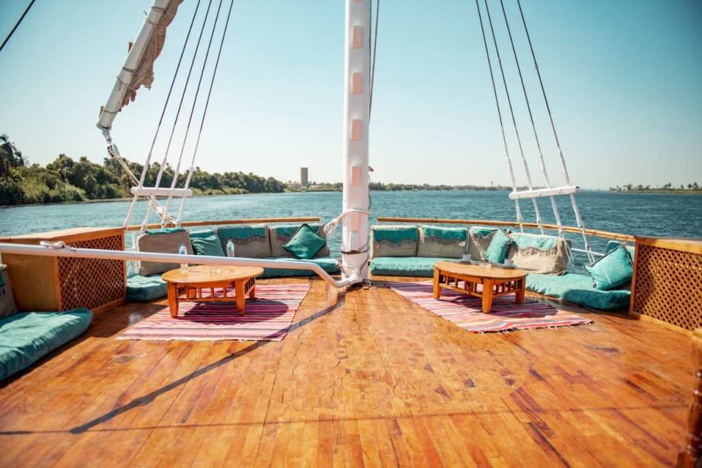 Deck lounge area on Princess Kelly dahabiya during Serket tour on the Nile in Egypt